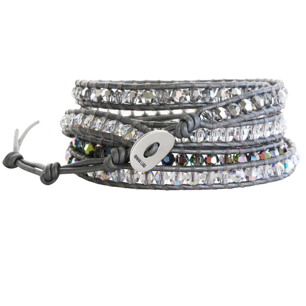 Chan Luu Swarovski Crystal Mix on Grey Leather Wrap Bracelet