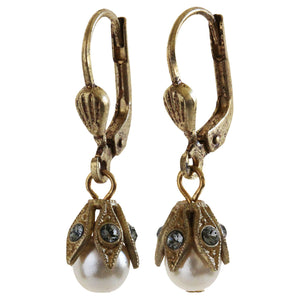 Catherine Popesco 14k Gold Plated Petite Pearl Beaded Leaf Capped Crystal Earrings, 8823G Grey