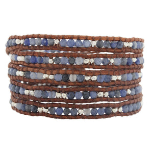 Chan Luu "Boots & Jeans" Sodalite Sterling Silver Nuggets on Natural Brown Leather Wrap Bracelet BS-2299