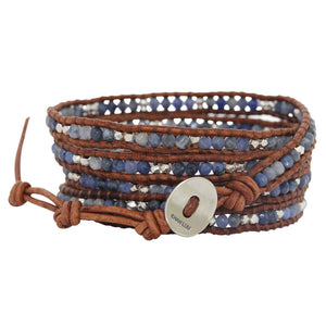 Chan Luu "Boots & Jeans" Sodalite Sterling Silver Nuggets on Natural Brown Leather Wrap Bracelet BS-2299