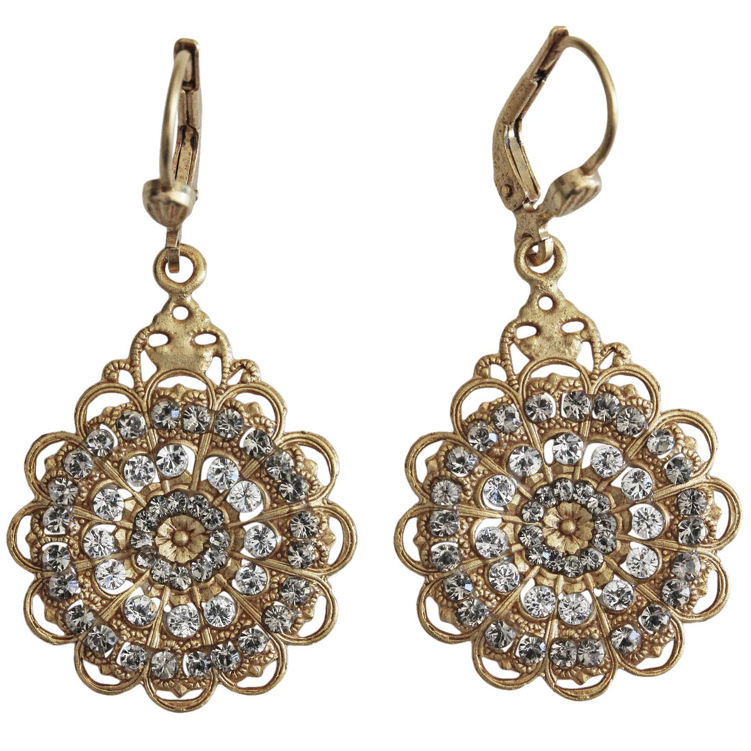 Catherine Popesco 14k Gold Plated Filigree Drop Crystal Earrings, 9844G Clear Grey