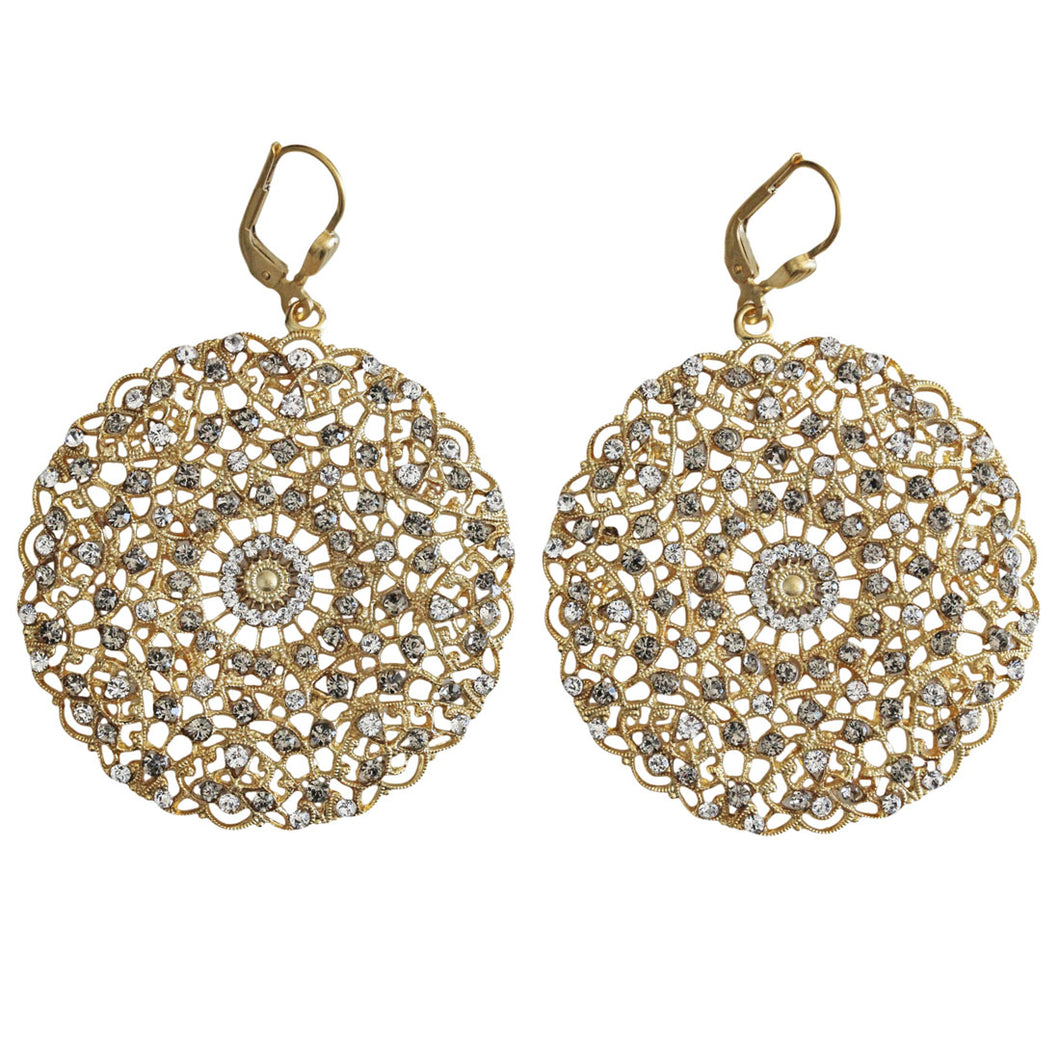 Catherine Popesco 14k Gold Plated Filigree Round Large Lace Medallion Earrings, 9702BG Clear Gray
