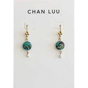 Chan Luu Gold Plated Round Turquoise and Pearl Drop Earrings