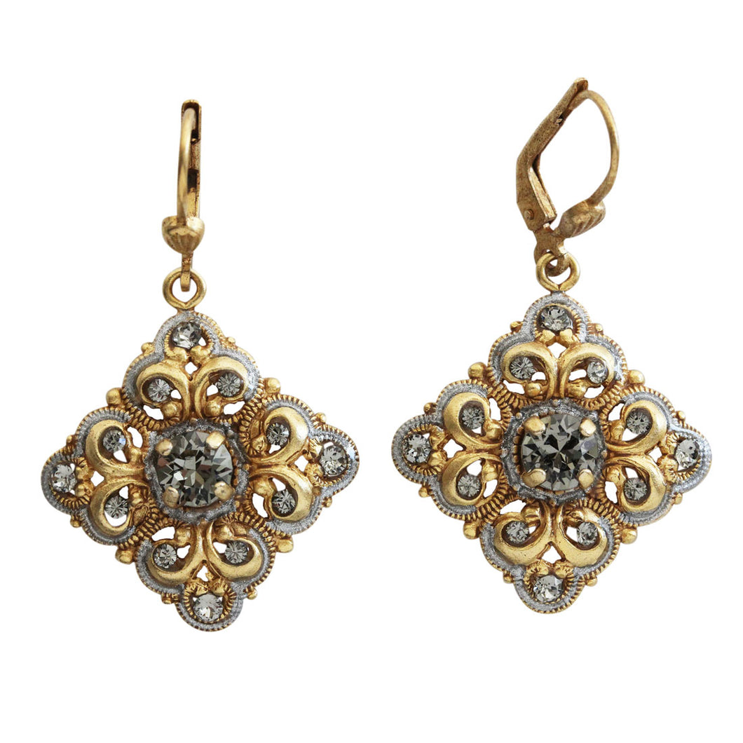 Catherine Popesco 14k Gold Plated Enamel Square Scroll Ornate Crystal Earrings, 9594G Gray
