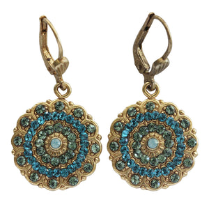 Catherine Popesco 14k Gold Plated Scalloped Ornate Medallion Crystal Earrings, 4867G Blue Teal Marine