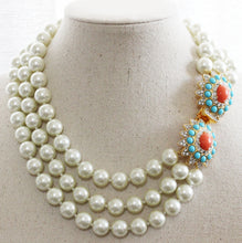 Kenneth Jay Lane 3 Row Faux Glass Pearl Coral Turquoise Crystal Rhinestone Necklace 9639N3TC