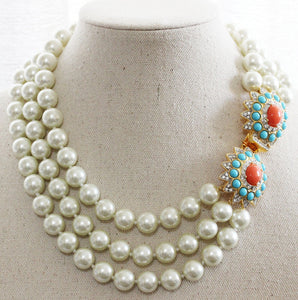 Kenneth Jay Lane 3 Row Faux Glass Pearl Coral Turquoise Crystal Rhinestone Necklace 9639N3TC