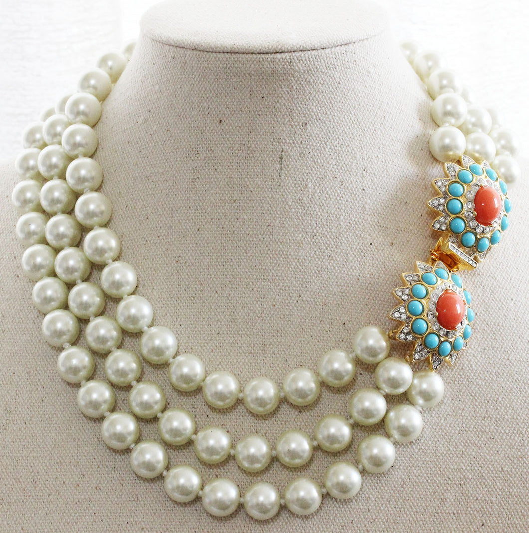 Kenneth Jay Lane 3 Row Faux Glass Pearl Coral Turquoise Crystal Rhinestone Necklace 9639N3TC