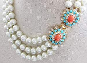 Kenneth Jay Lane 3 Row Faux Glass Pearl Coral Turquoise Crystal Rhinestone Necklace 9639N3TC