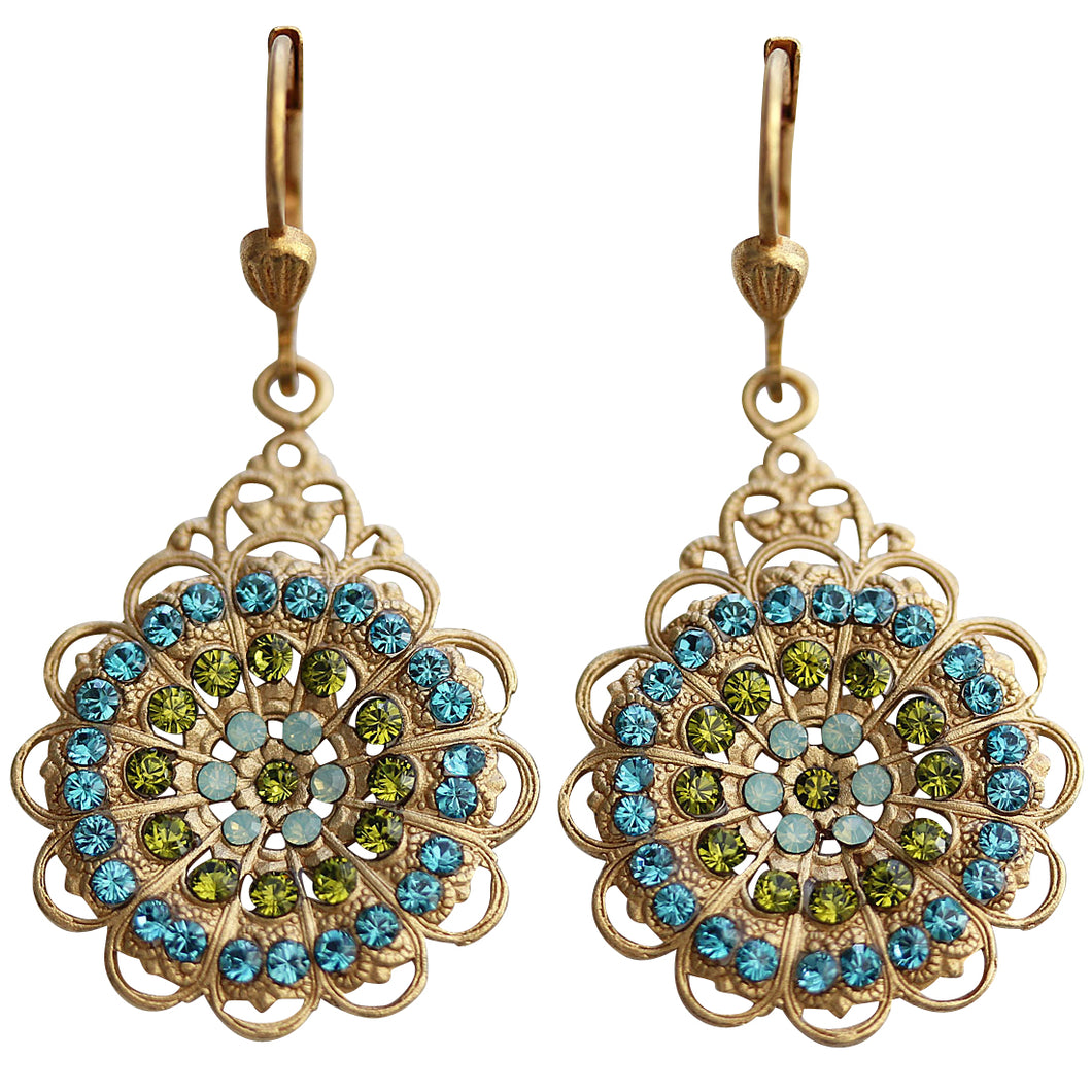 Catherine Popesco 14k Gold Plated Filigree Drop Crystal Earrings, 9844G Green Teal