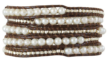 Chan Luu White Pearl and Sterling Silver Nuggets Brown Leather Wrap Bracelet BS-2350