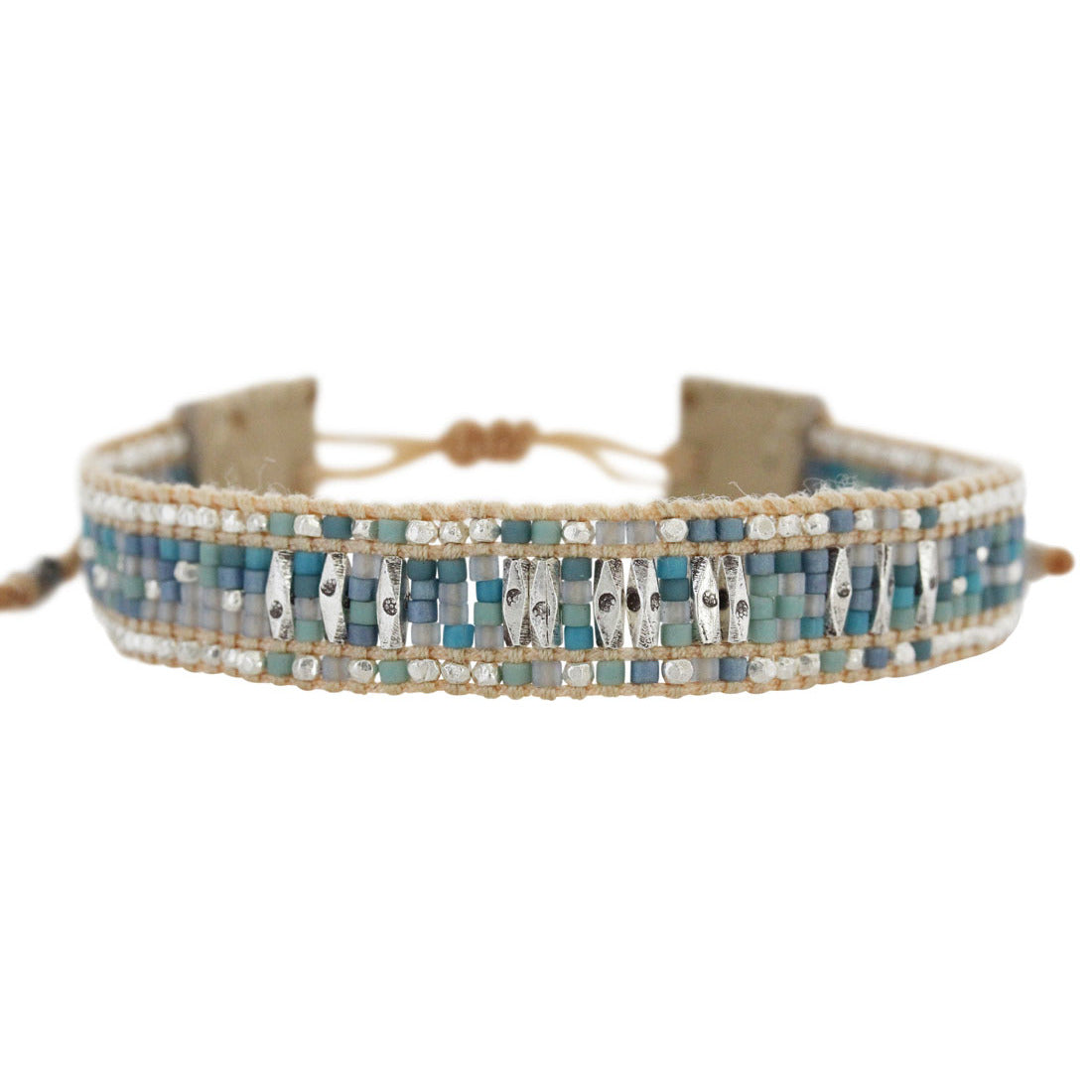 Chan Luu Turquoise Mix Seed Bead Pull-Tie Beige Single Leather