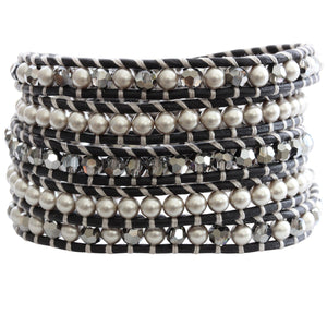 Chan Luu Grey Mix on Natural Black Leather Wrap Bracelet BS-3319