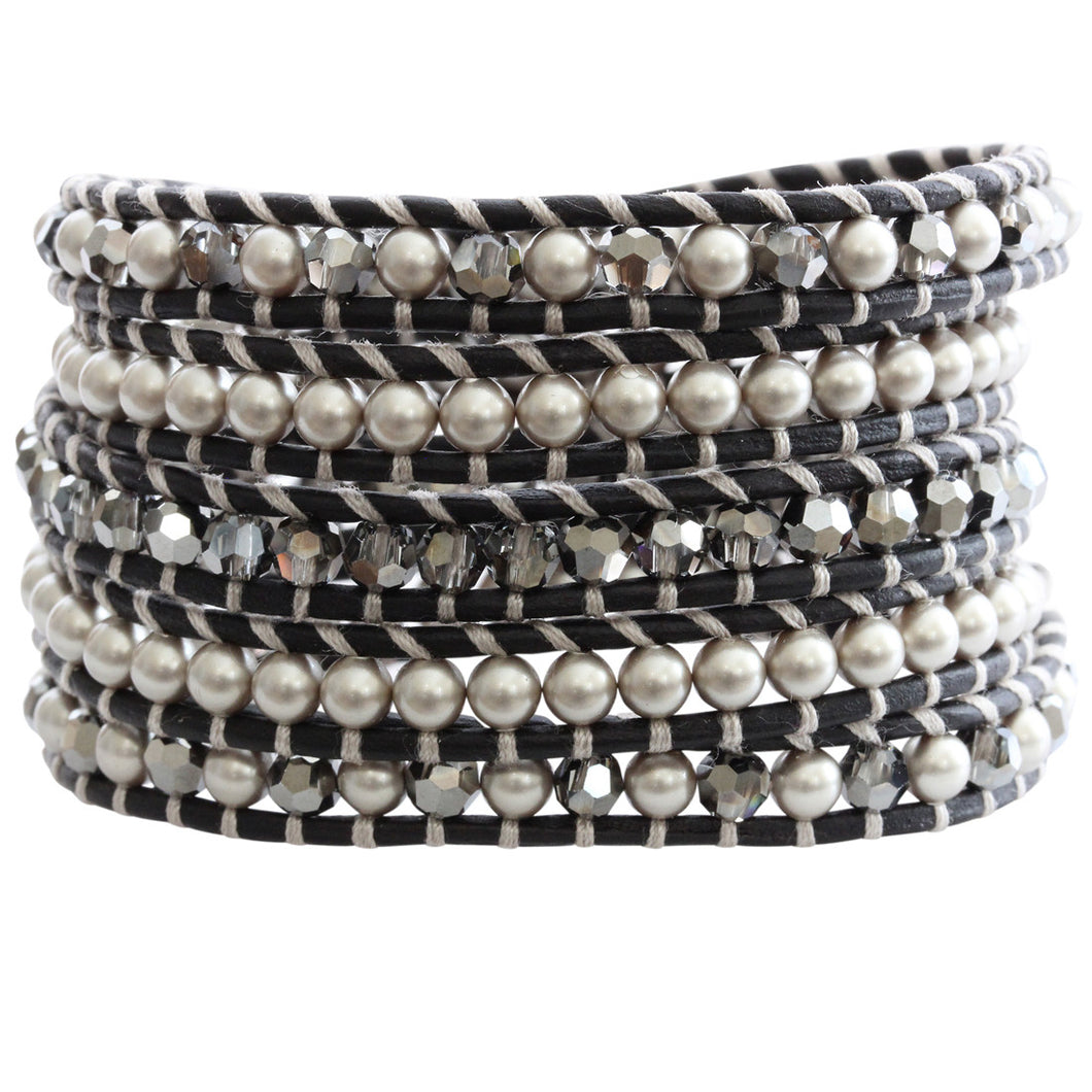 Chan Luu Grey Mix on Natural Black Leather Wrap Bracelet BS-3319