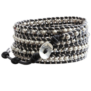 Chan Luu Grey Mix on Natural Black Leather Wrap Bracelet BS-3319