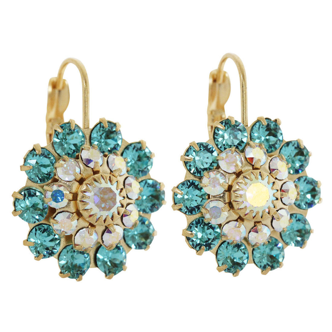 Liz Palacios 14k Gold Plated Large Flower Swarovski Crystal Earrings, JE-81 Blue Crystal AB
