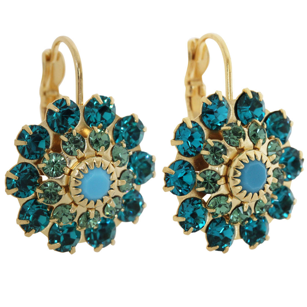 Liz Palacios 14k Gold Plated Large Flower Swarovski Crystal Earrings, JE-81 Deep Teal Blue Green
