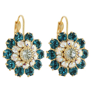 Liz Palacios 14k Gold Plated Large Flower Swarovski Crystal Earrings, JE-81 Deep Teal Blue AB