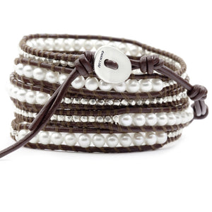 Chan Luu White Pearl and Sterling Silver Nuggets Brown Leather Wrap Bracelet BS-2350