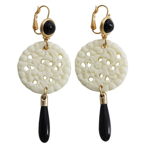 Kenneth Jay Lane Carved Statement Oriental Faux White Ivory Black Drop Pierced Earrings 7849EBIBP