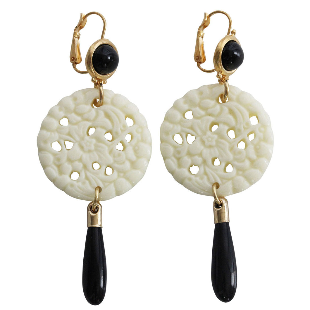 Kenneth Jay Lane Carved Statement Oriental Faux White Ivory Black Drop Pierced Earrings 7849EBIBP