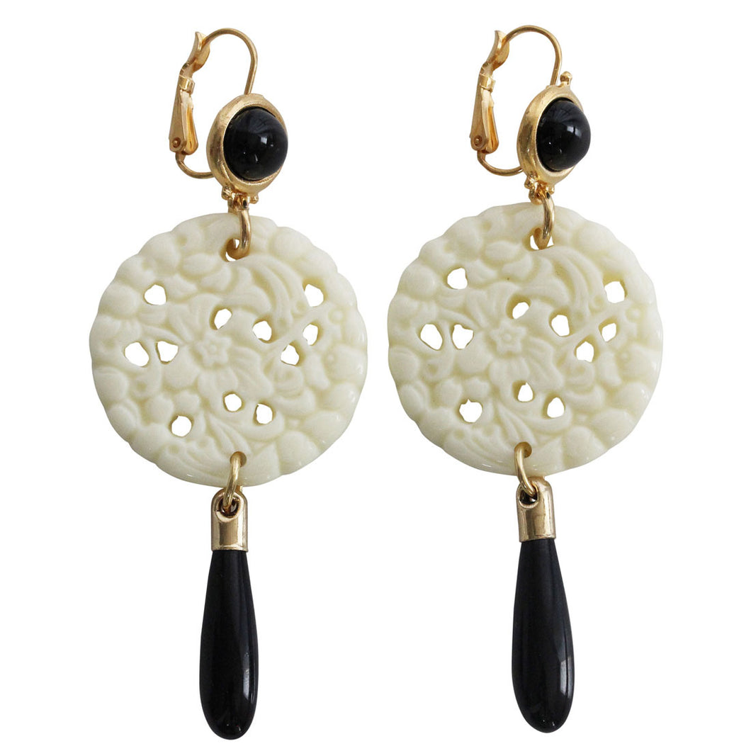 Kenneth Jay Lane Carved Statement Oriental Faux White Ivory Black Drop  Pierced Earrings 7849EBIBP