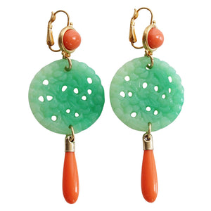 Kenneth Jay Lane Carved Statement Oriental Faux Green Jade Coral Drop Pierced Earrings 7849ECJCP