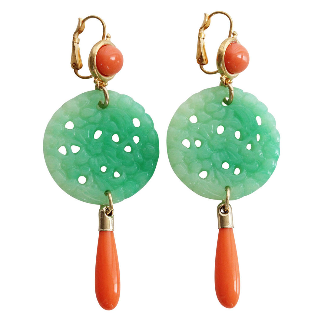 Kenneth Jay Lane Carved Statement Oriental Faux Green Jade Coral Drop Pierced Earrings 7849ECJCP