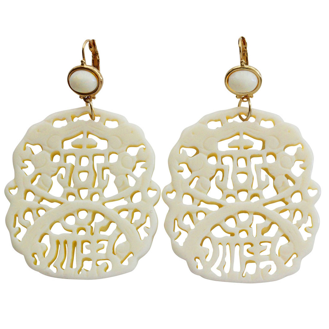 Kenneth Jay Lane Carved Statement Oriental Faux White Ivory Pierced Earrings 7834EII