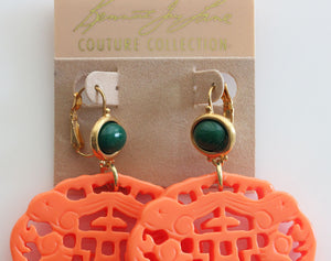 Kenneth Jay Lane Carved Statement Oriental Faux Coral Jade Resin Pierced Earrings 7834EJLC