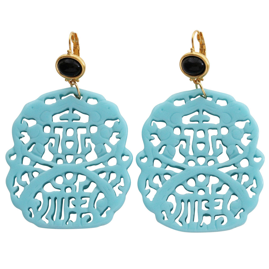 Kenneth Jay Lane Carved Statement Oriental Faux Turquoise Black Pierced Earrings 7834EBT