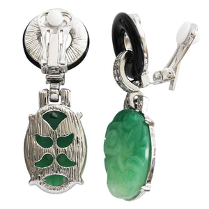Kenneth Jay Lane Art Deco Simulated Carved Jade with Black Ring Hoop Clear Crystal Drop Dangle Clip On Earrings 7608EBJ