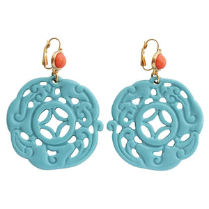Kenneth Jay Lane Carved Round Oriental Faux Turquoise Coral Resin Pierced Earrings 8860ELCT
