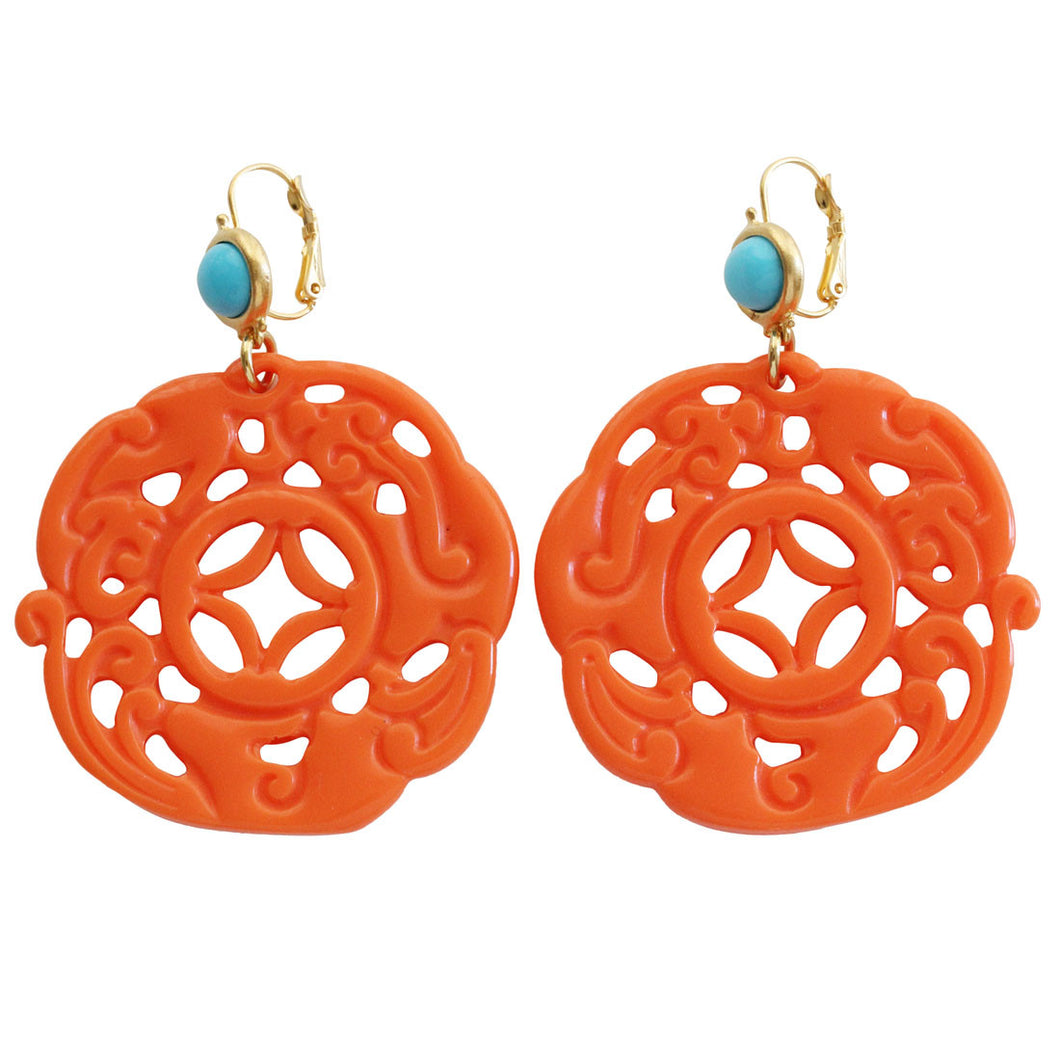 Kenneth Jay Lane Carved Round Oriental Faux Coral Turquoise Resin