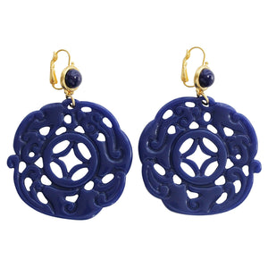 Kenneth Jay Lane Carved Round Oriental Faux Blue Lapis Resin Pierced Earrings 8860ELL