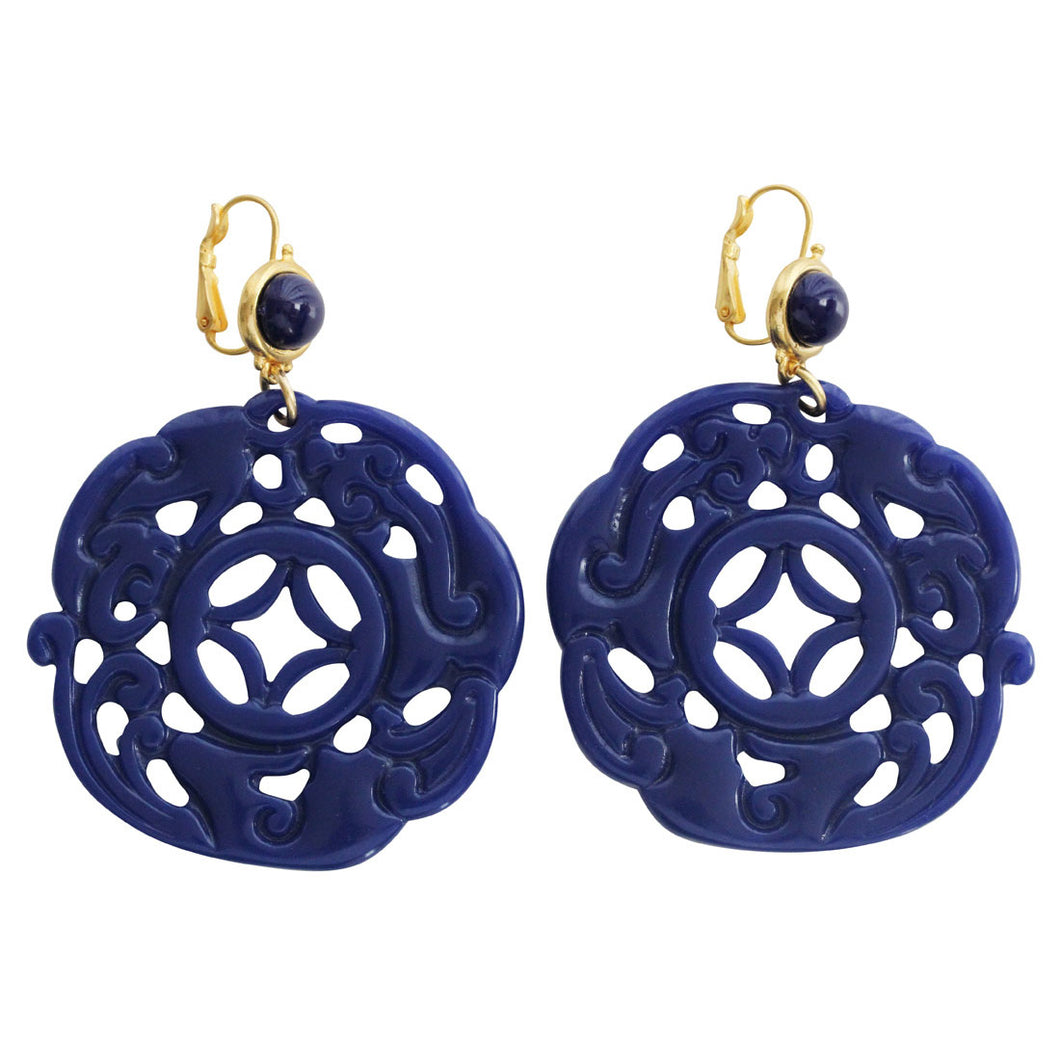 Kenneth Jay Lane Carved Round Oriental Faux Blue Lapis Resin Pierced Earrings 8860ELL