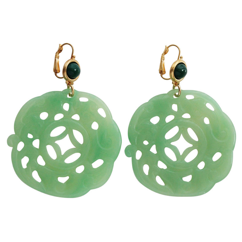 Kenneth Jay Lane Carved Round Oriental Faux Jade Green Resin
