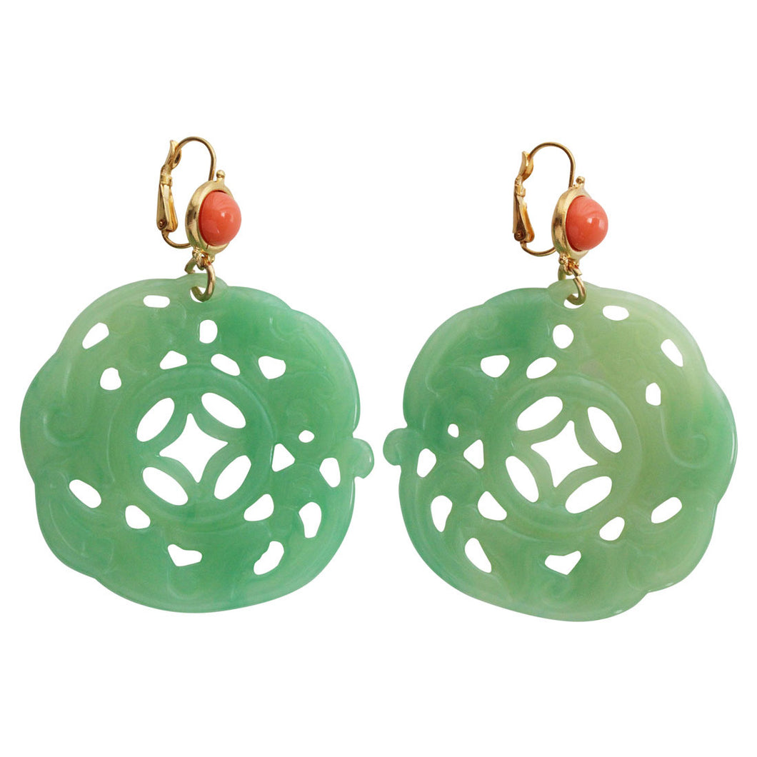 Kenneth Jay Lane Carved Round Oriental Faux Jade Coral Resin Pierced Earrings 8860ELCJ