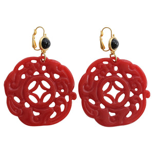 Kenneth Jay Lane Carved Round Oriental Faux Red Coral Black Resin Pierced Earrings 8860EBDC