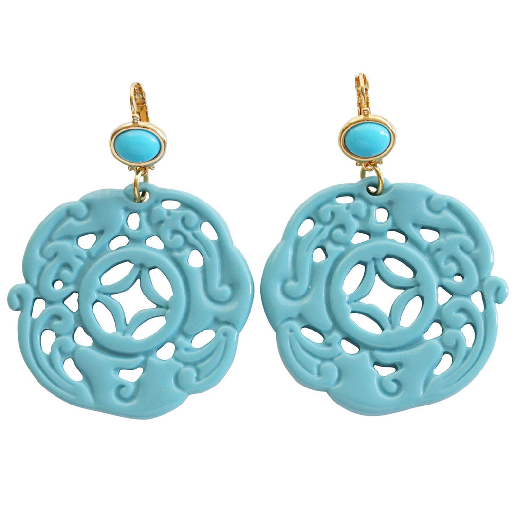 Kenneth Jay Lane Carved Round Oriental Faux Turquoise Resin Pierced Earrings 8860ETT