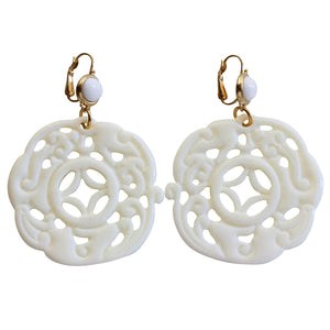 Kenneth Jay Lane Carved Round Oriental Faux White Ivory Cream Resin Pierced Earrings 8860EWW
