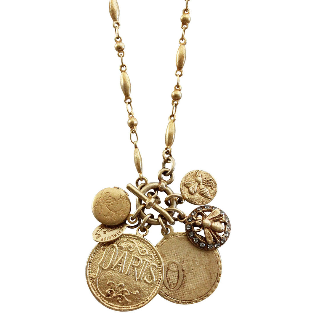 RESERVED: Catherine Popesco 14k Gold Plated 5 Charm Paris Oui Necklace, 19