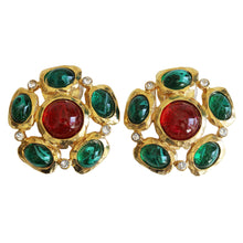 Kenneth Jay Lane Goldtone Simulated Flawed Emerald Ruby Cabochon Cluster Clip On Earrings 1558ESGER