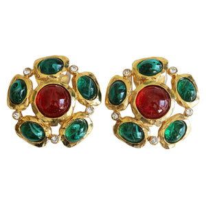 Kenneth Jay Lane Goldtone Simulated Flawed Emerald Ruby Cabochon Cluster Clip On Earrings 1558ESGER