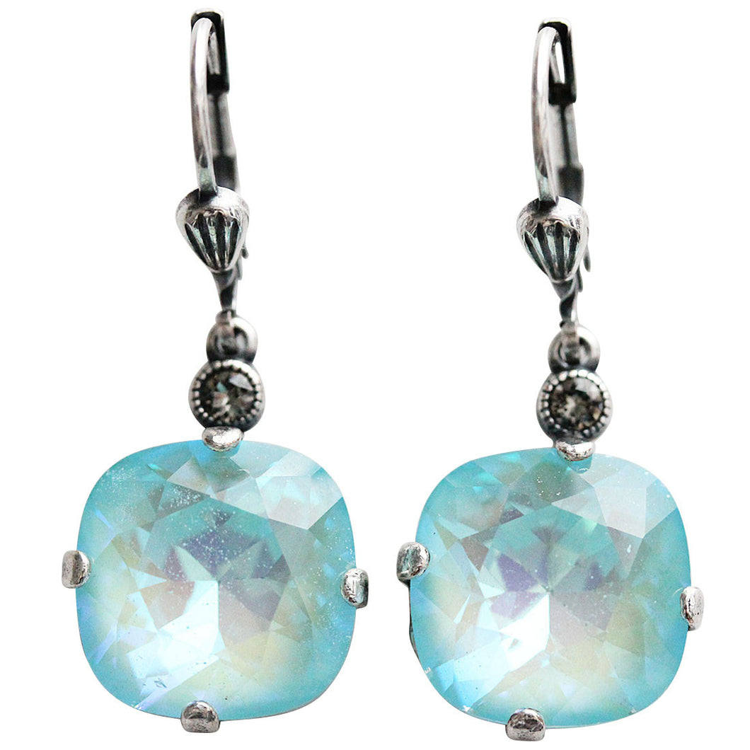 Catherine Popesco Sterling Silver Plated Crystal Round Earrings, 6556 Blue Lagoon