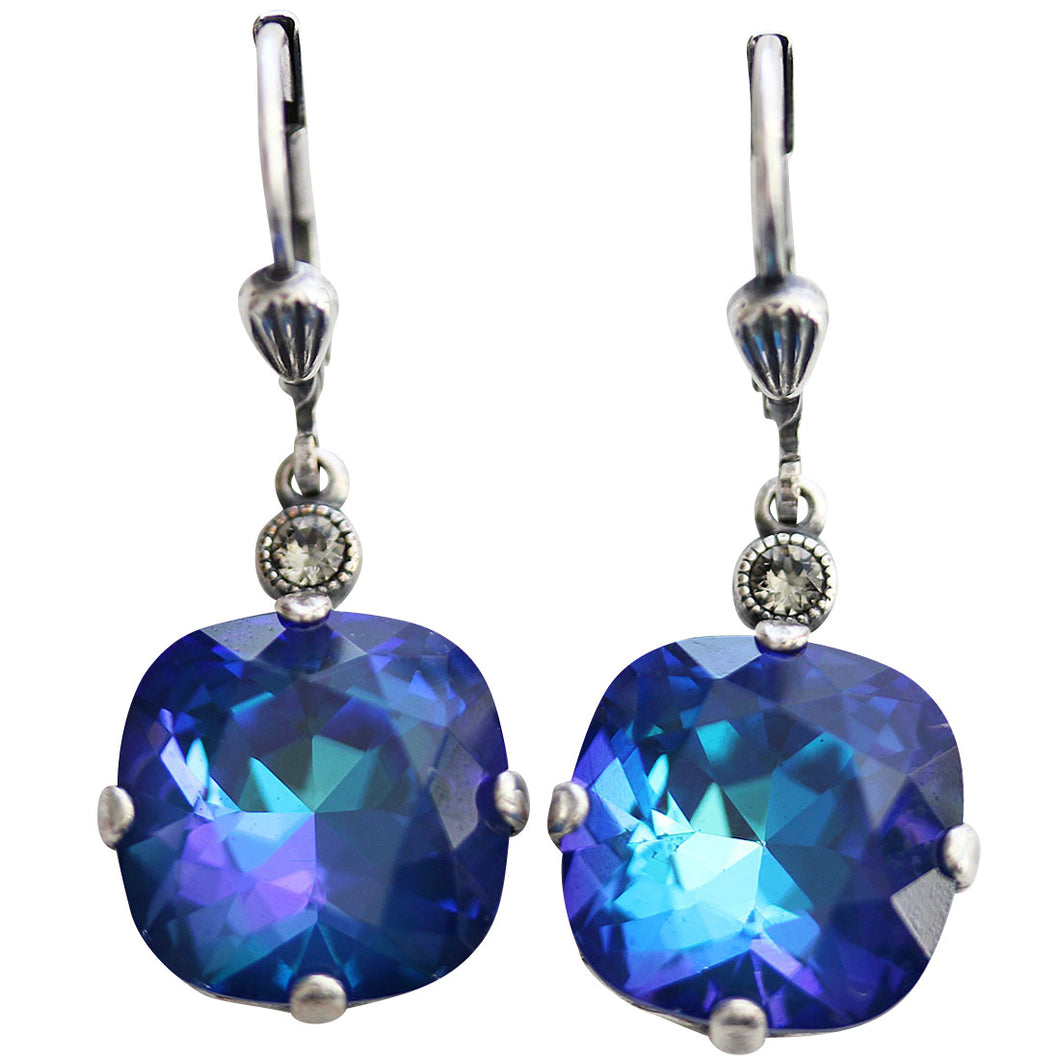 Catherine Popesco Sterling Silver Plated Crystal Round Earrings, 6556 Dark Ultra Sky