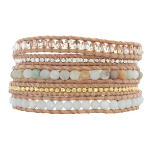 Chan Luu Matte Multi Amazonite Mix Sterling Silver Gold Plated Nuggets on Beige Leather 5 Wrap Bracelet BS-4622