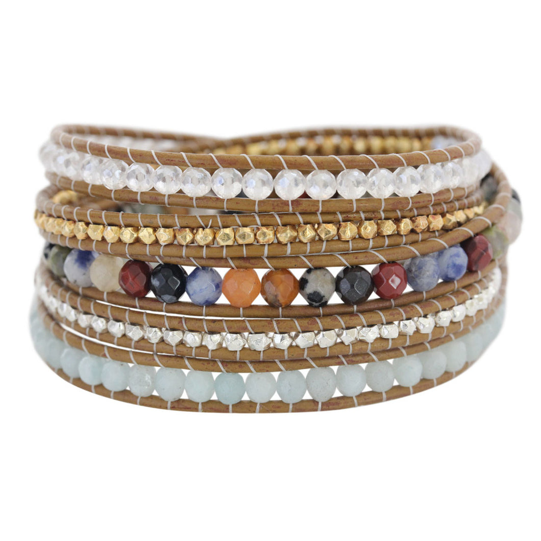 Chan Luu Multi Mix Colorful Semi-Precious Stones on Henna Leather Wrap Bracelet BS-5286