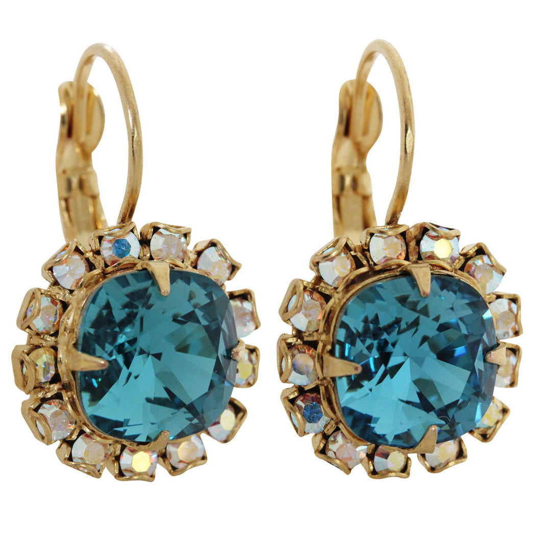 Liz Palacios 14k Gold Plated Cushion Swarovski Crystal Border Earrings, JE-128 Deep Teal Blue AB