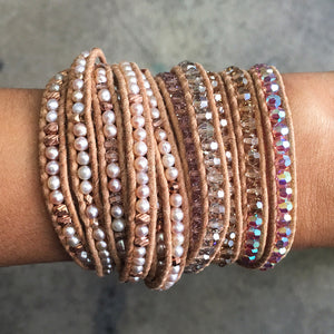 Chan Luu Rosaline Mix Swarovski Crystal Mix on Beige Leather Wrap Bracelet bs-2257